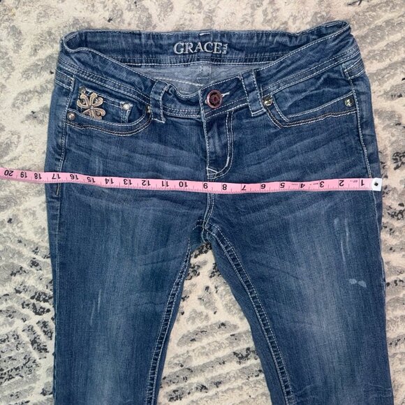 GRACE Size 28 Dark Blue Bootcut Jeans Low Rise Embellished Pockets Medium Blue - Picture 7 of 13